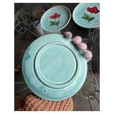 Vintage Set of 4 Decorative Majolica Green with Floral Ceramic Plates