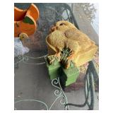 Vintage Retro Hand Painted Tole Wooden Decorative Bowl, Chick Sculpture, and Wooden Pull Along Bunny Cart Toy