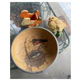 Vintage Retro Hand Painted Tole Wooden Decorative Bowl, Chick Sculpture, and Wooden Pull Along Bunny Cart Toy