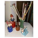 Vintage Green Red Wing Vase, Wooden Figurines and Decorative Knitting Needles Collection