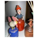 Vintage Green Red Wing Vase, Wooden Figurines and Decorative Knitting Needles Collection
