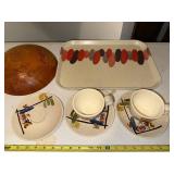 Vintage Red Wing Hand-Painted Pottery Cups Saucers Tray & Wooden Bowl Set