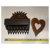 Vintage Folk Art and Tramp Art Hand Carved Wooden Pieces with Geometric and Heart Designs