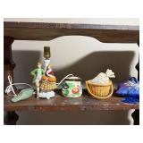 Vintage Ceramic Lamp, Floral Jug, Basket, Shoe & Embroidered Cushion Lot