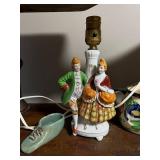 Vintage Ceramic Lamp, Floral Jug, Basket, Shoe & Embroidered Cushion Lot