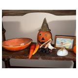 Vintage Halloween Decor Lot with Fabric Pumpkin and Painted Bowl