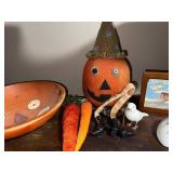 Vintage Halloween Decor Lot with Fabric Pumpkin and Painted Bowl