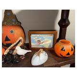 Vintage Halloween Decor Lot with Fabric Pumpkin and Painted Bowl