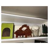 Vintage Decorative Shelf Items: Wooden Diorama, Glass Basket, Forest Scene