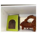 Vintage Decorative Shelf Items: Wooden Diorama, Glass Basket, Forest Scene