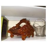 Vintage Decorative Shelf Items: Wooden Diorama, Glass Basket, Forest Scene