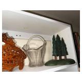 Vintage Decorative Shelf Items: Wooden Diorama, Glass Basket, Forest Scene