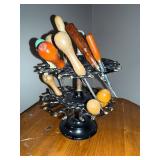 Vintage Wooden Handled Tool Collection with Double Decker Rotating Stamp Holder