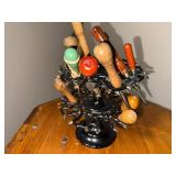 Vintage Wooden Handled Tool Collection with Double Decker Rotating Stamp Holder