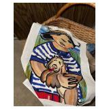 Wicker Basket with Assorted Needlework and Embroidery Supplies