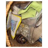 Wicker Basket with Assorted Needlework and Embroidery Supplies