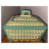 Handcrafted Vintage Tramp Art Green and Cream Wooden Box with Pyramid Lid and Geometric Carvings