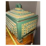 Handcrafted Vintage Tramp Art Green and Cream Wooden Box with Pyramid Lid and Geometric Carvings