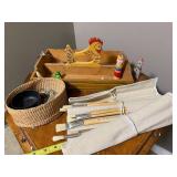 Vintage Wooden Tray with Art Brushes and Collectibles