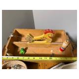 Vintage Wooden Tray with Art Brushes and Collectibles