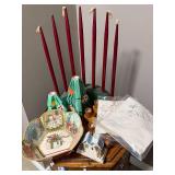 Vintage Holiday Decor Lot: Ceramic Trees, Candle Holders, and Embroidered Linens