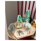 Vintage Holiday Decor Lot: Ceramic Trees, Candle Holders, and Embroidered Linens