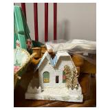 Vintage Holiday Decor Lot: Ceramic Trees, Candle Holders, and Embroidered Linens