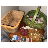 Vintage Wooden Basket, Green Woven Basket & Craft Supplies