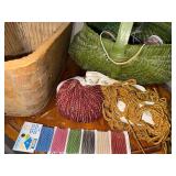 Vintage Wooden Basket, Green Woven Basket & Craft Supplies