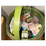 Vintage Wooden Basket, Green Woven Basket & Craft Supplies