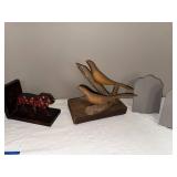 Decorative Wooden Bookend, Bird Sculpture & Embossed Panels Set
