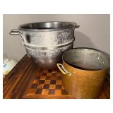 Vintage Metal Mixing Bowl and Brass Pots Set