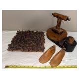 Vintage Wooden Cobbler Shoe Molds, Textile Spool Block & Tool Set