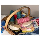 Vintage Craft Lot with Wicker Basket, Wooden Toy Train, and Supplies