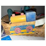 Vintage Craft Lot with Wicker Basket, Wooden Toy Train, and Supplies