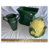 Vintage Green Ceramic Vase, Square Vessel, and Corn-Shaped Pottery Jar