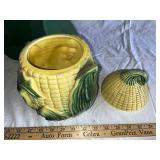 Vintage Green Ceramic Vase, Square Vessel, and Corn-Shaped Pottery Jar