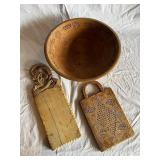 Vintage Carved Wooden Bowl and Decorative Boards Set
