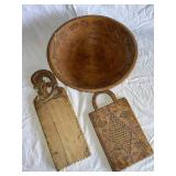 Vintage Carved Wooden Bowl and Decorative Boards Set