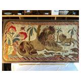 Vintage Hooked Rug with Lion & Cub Design on frame