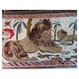 Vintage Hooked Rug with Lion & Cub Design on frame
