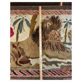 Vintage Hooked Rug with Lion & Cub Design on frame