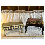 Vintage Decorative Wooden and Floral Cushioned Stools Pair