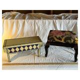 Vintage Decorative Wooden and Floral Cushioned Stools Pair