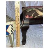 Vintage Decorative Wooden and Floral Cushioned Stools Pair