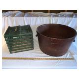 Vintage Copper Color Bucket & Green Wooden Egg Crate
