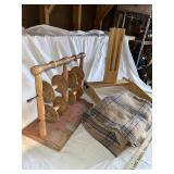 Vintage Wooden Thread Holder, Loom Stand & Plaid Wool Blanket Set