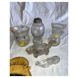 Vintage Glass and Wood Decorative Lot - Owls, Cat Holder, Alligator, Shoe
