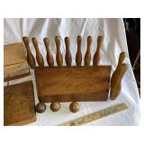 Vintage Wooden Stool, Bowling Pins, Balls & Metal Hook Collection