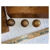 Vintage Wooden Stool, Bowling Pins, Balls & Metal Hook Collection